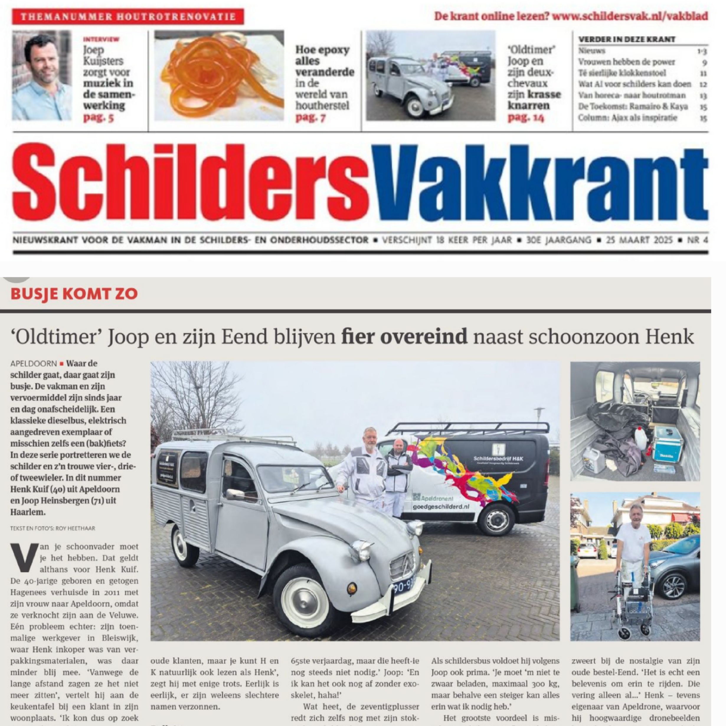 Artikel in de schildersvakkrant van de bedrijfswagens van schildersbedrijf H&K. busje komt zo. AK350