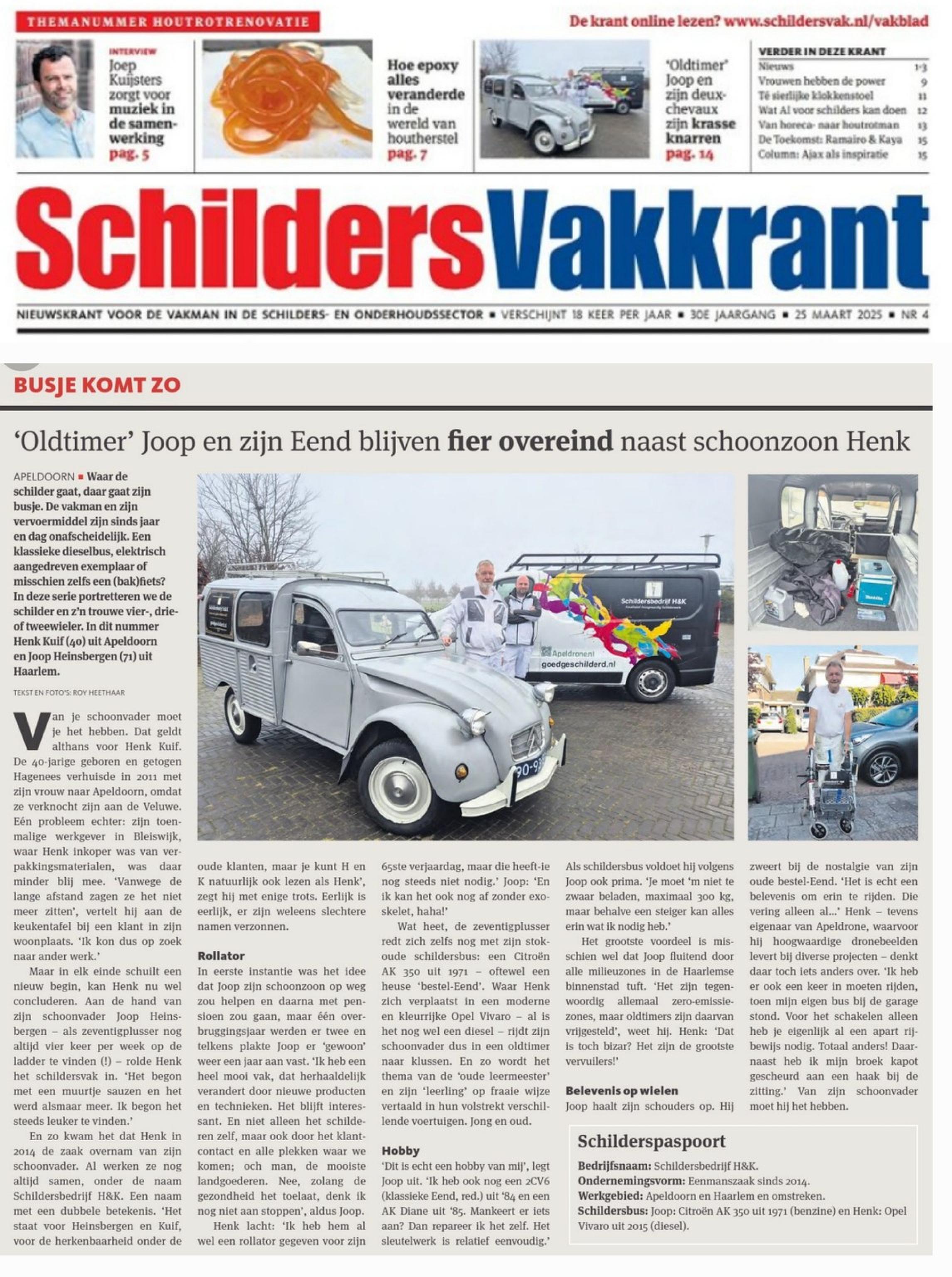 Artikel in de schildersvakkrant van de bedrijfswagens van schildersbedrijf H&K. busje komt zo. AK350